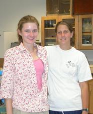 Kathryn Hansen '07 and Amber Gillis '06 are testing turtles' glucose levels.