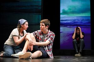 Kelsey Crane '17, Michael Gagnon, '16, and Charlie Wilson '16 (background) in a scene from<em> Dark Play or Stories for Boys</em>.