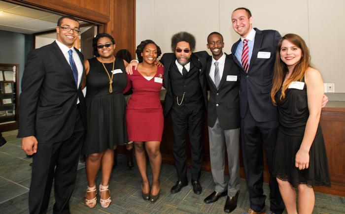 Joseph Anderson'13, Nanyamka Fleming '14, Athina Chartelain '13, Anthony Jackson '15, Reuben Dizengoff '15, and Gretha Suarez '15, pose for a photo with Cornel West, center. PHOTO: BY NANCY L. FORD