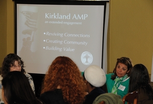Hamilton College Archivist Katherine Collett (left) and Judy Silverstein Gray K'78 talk with students about the Kirkland Archives, Media and Publications project during Spring Volunteer Weekend in April.